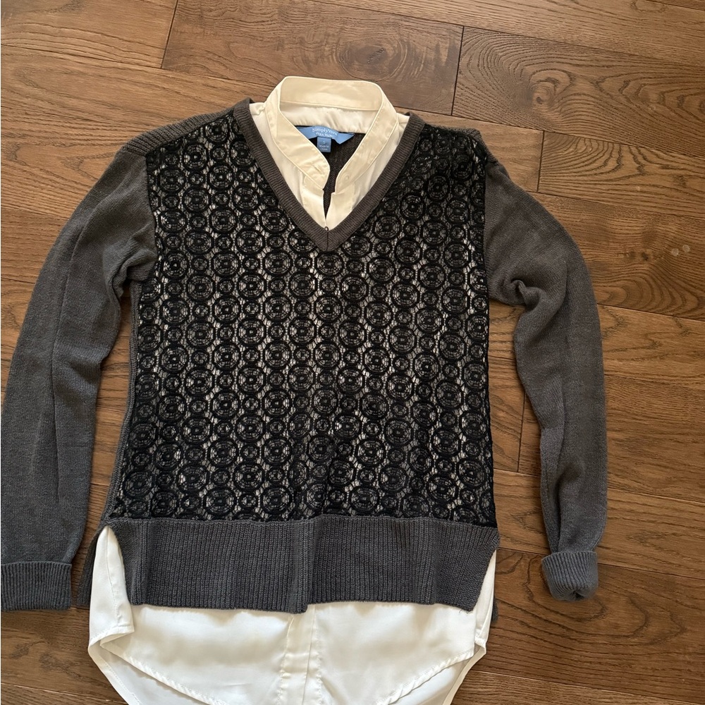 Simply Vera Vera Wang Black and Gray V-Neck Sweater with Attached Cream Blouse